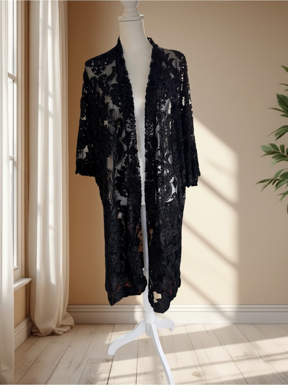 Nally & Millie Black Burnout Velvet Sheer Kimono Duster Whimsigoth, Witchy